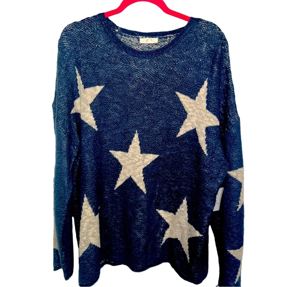 Easel Los Angeles oversized women’s size large blue knit sweater white stars - Picture 1 of 11